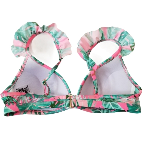 CALIFORNIA Sunshine‎ Large Swimtop Pink Green Palm leaf Tropical Ruffle - Picture 2 of 8